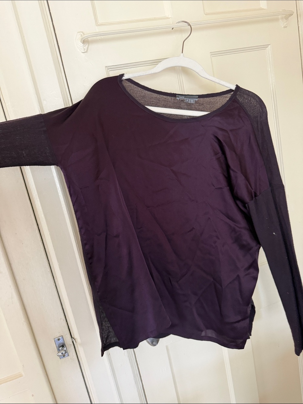 Vince Women's Long-Sleeve dropped-shoulder silk front Top in Deep Plum